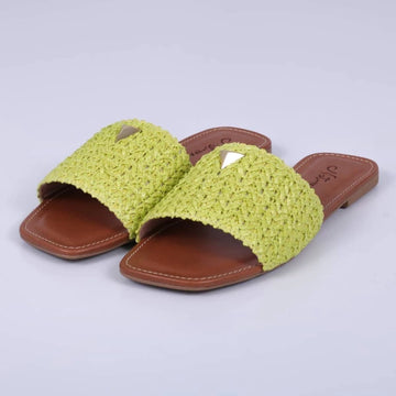 Amalfi - Rasteira Feminina Palha Aplicação Verde Lemon