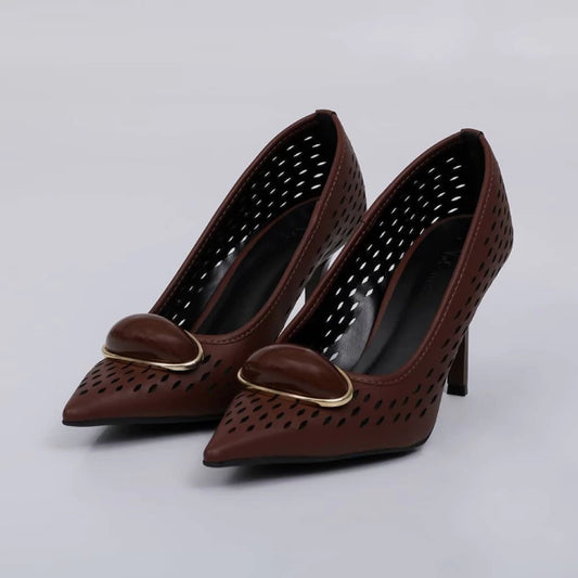 Helena - Scarpin Feminino Aplicação Dourada Salto Alto Marrom