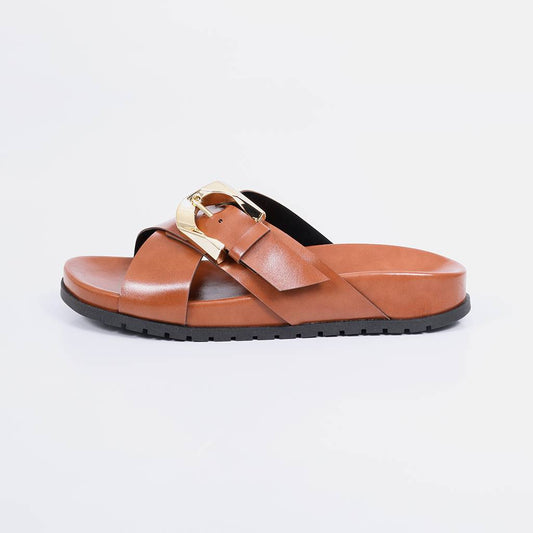 Elisa - Papete Feminina Anatômica Fivela Tira Cruzada Caramelo