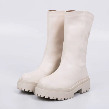 Leona - Coturno Feminino Tratorado Cano Médio de Zíper Off-White
