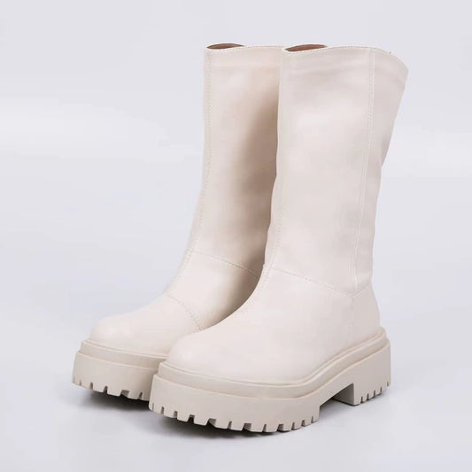 Leona - Coturno Feminino Tratorado Cano Médio de Zíper Off-White