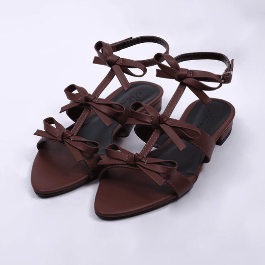 Lynn - Sandália Feminina Rasteira Bico Folha Aplicação em Laço Marrom