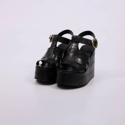 Eloah - Sandália Feminina Salto Anabela Croco Com Tiras Preto