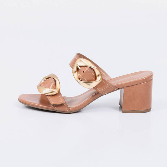 Sierra - Tamanco Feminina Fivela Dourada Salto Bloco Caramelo