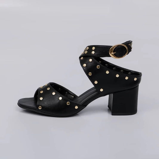 Boeme - Sandália Feminina com Tachas Salto Bloco Preto