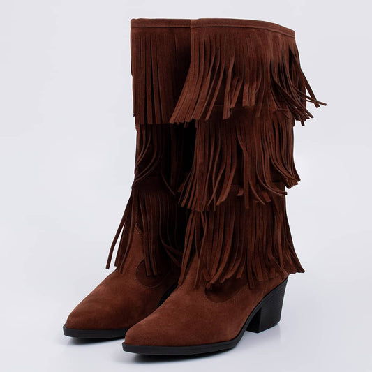 West - Bota Feminina Texana Cano Médio Camurça Franjas Marrom