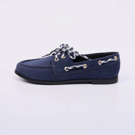 Sara - Mocassim Feminino Flat Amarração Camurça Azul Escuro