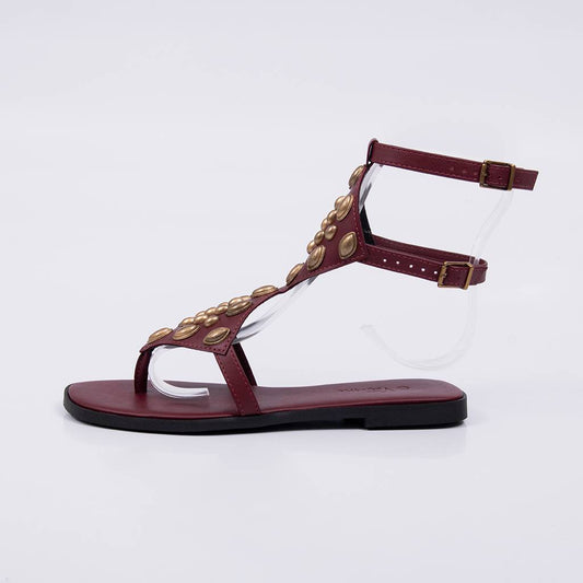 Siena - Sandália Feminina Rasteira Tachas Douradas Vermelho