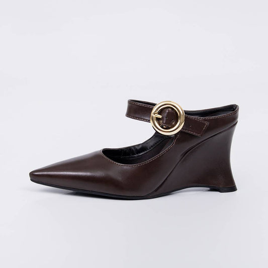 Jolie - Scarpin Feminino Anabela Tira Fivela Redonda Marrom