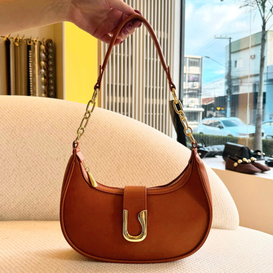 Lyon - Bolsa Feminina Fivela Dourada Meia Lua de Mão Laranja