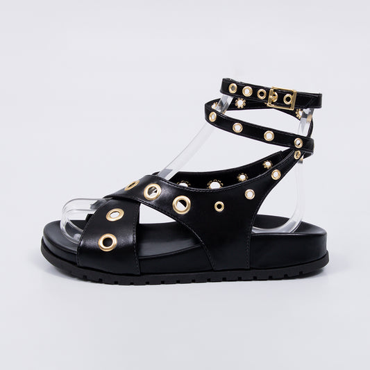 Mia - Sandália Papete Feminina Anatômica Ilhós Dourado Preto