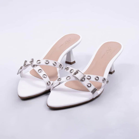 Grace - Tamanco Feminino Bico Folha Aplicação Branco