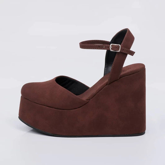 Lima - Sandália Feminina Anabela Camurça Fivela Marrom