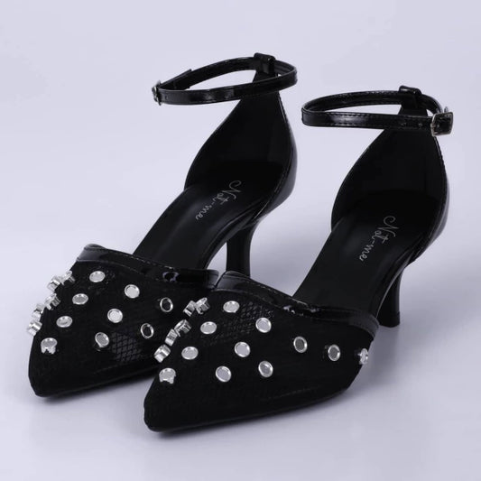 Cristal - Scarpin Feminino Bico Fino Salto Baixo Tela Aplicações Preto
