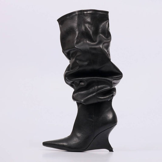 Melina - Bota Feminina Slouchy Cano Alto Salto Anabela Preto