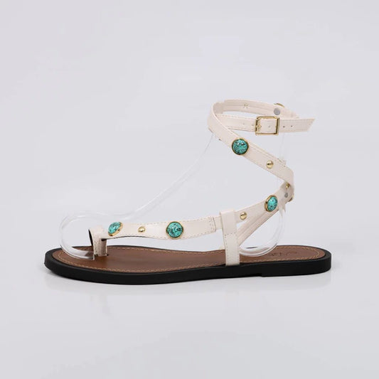 Ramona - Sandália Rasteira Gladiadora Aplicações Azul Off-white