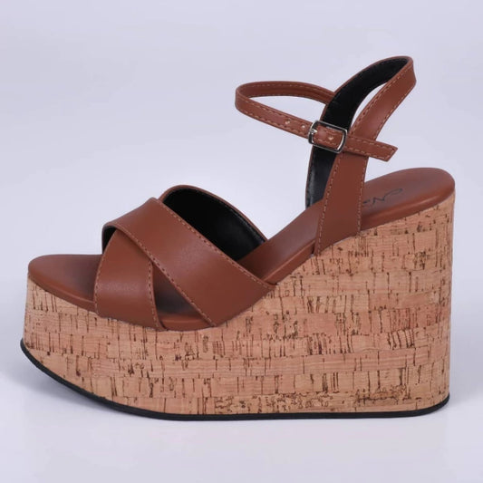 Lisboa - Sandália Anabela Feminina Plataforma Bico Redondo Caramelo