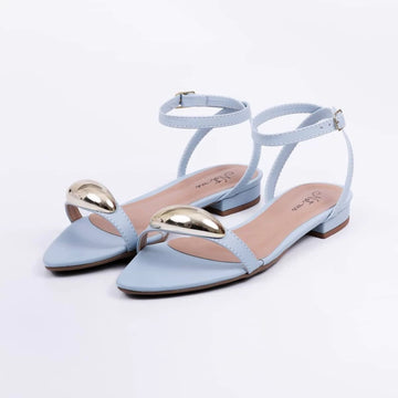 Valence - Sandália Rasteira Feminina Bico Folha Aplicação Azul