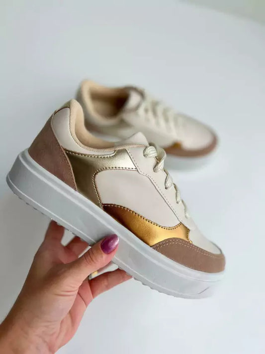 Flórida - Tênis Feminino Casual Plataforma Off-White/Bronze