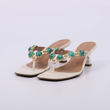 Nina - Tamanco Salto Alto Pedrarias Turquesa Off White