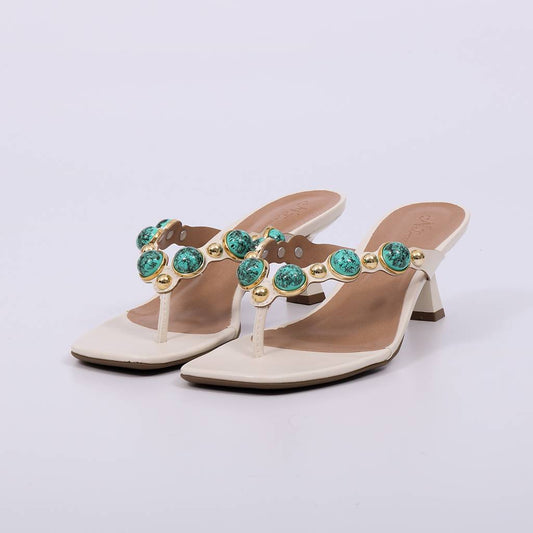 Nina - Tamanco Salto Alto Pedrarias Turquesa Off White