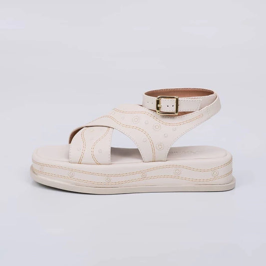Sophie - Sandália Feminina Flatform Tiras Aplicação Bordado Off White
