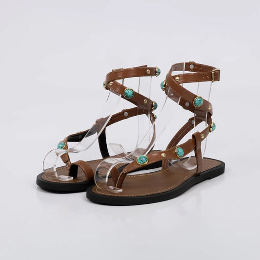 Ramona - Sandália Rasteira Gladiadora Aplicações Azul Caramelo