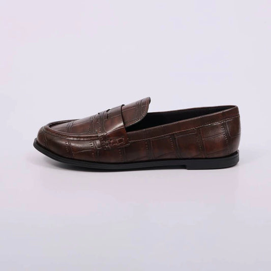 Mel - Mocassim Feminino Salto Baixo Croco Marrom Escuro