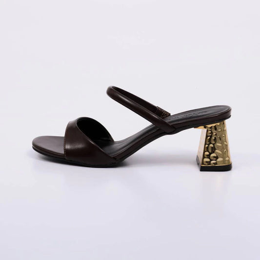 Liz - Tamanco Feminino Salto Bloco Dourado Tiras Marrom Escuro