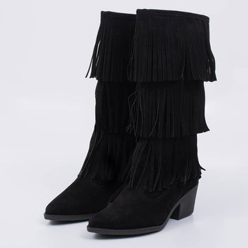 West - Bota Feminina Texana Cano Médio Camurça Franjas Preto
