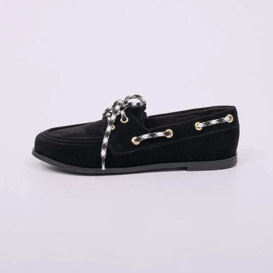 Sara - Mocassim Feminino Flat Amarração Camurça Preto