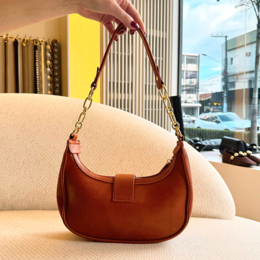 Lyon - Bolsa Feminina Fivela Dourada Meia Lua de Mão Laranja