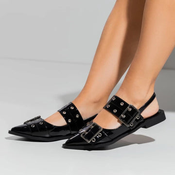 Juju - Mule Slingback Feminino Fivela Bico Fino Preto