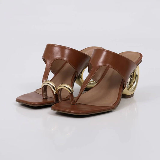 Oliva - Tamanco Feminino Salto Circular Dourado Caramelo