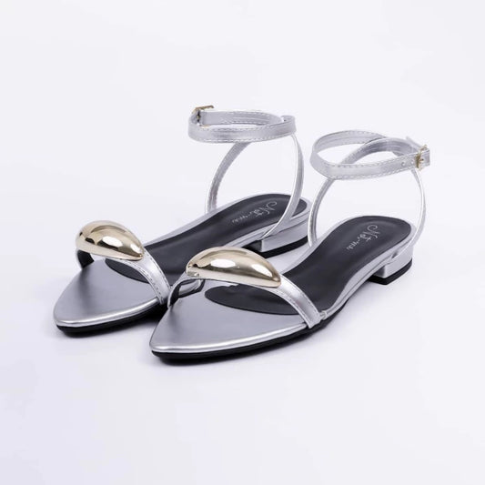 Valence - Sandália Rasteira Feminina Bico Folha Aplicação Prata