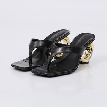 Lexa - Tamanco Feminino Salto Redondo Dourado Preto