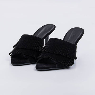 Belmonte - Tamanco Feminino Salto Alto Camurça Franjas Preto