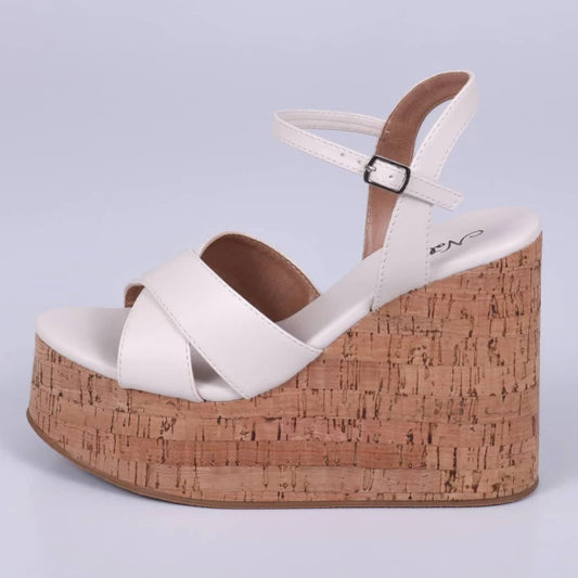 Lisboa - Sandália Anabela Feminina Plataforma Bico Redondo Off-White