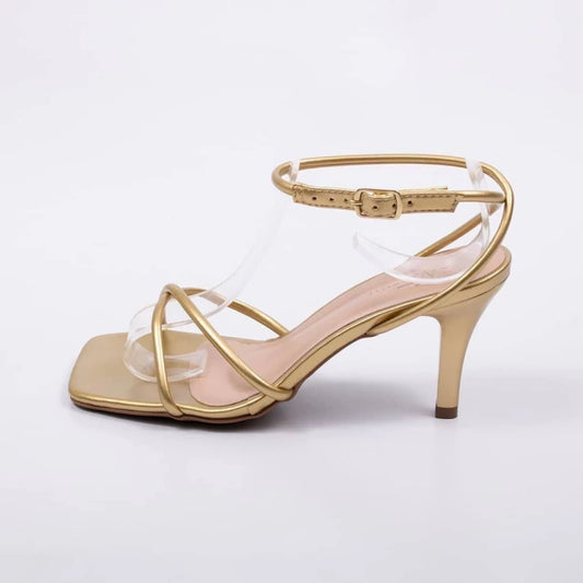 Blend - Sandália Feminina Bico Quadrado Tiras Finas Fivela Dourada