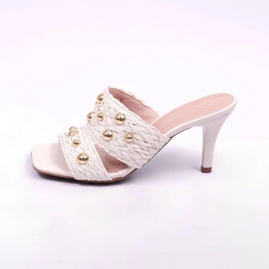 Maldivas - Tamanco Feminino Bico Quadrado Aplicação Palha Off-White