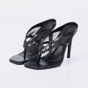 Ariel – Tamanco Feminino Salto Alto Fino com Tiras Teladas Preto