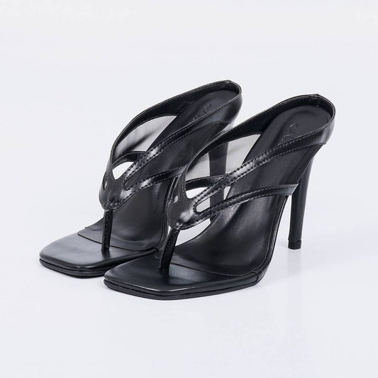 Ariel – Tamanco Feminino Salto Alto Fino com Tiras Teladas Preto