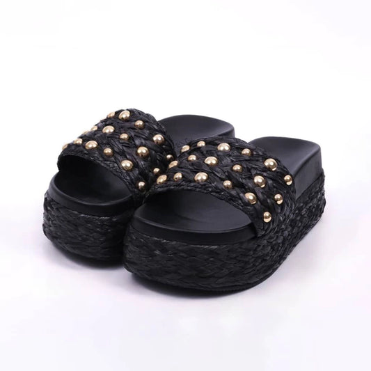 Mônaco - Chinelo Feminino Flatform Com Aplicação Palha Preto