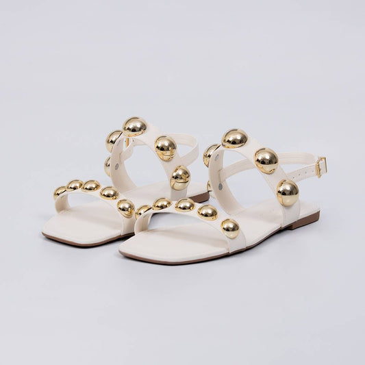 Yas - Sandália Feminina Rasteira Tiras Esferas Douradas Off-white