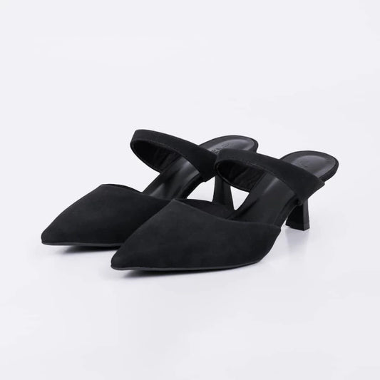 Kate - Mule Feminino Bico Fino Salto Kitten Heels Camurça Preto