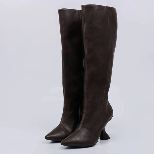 Quioto - Bota Feminina Cano Longo Salto Geométrico Marrom