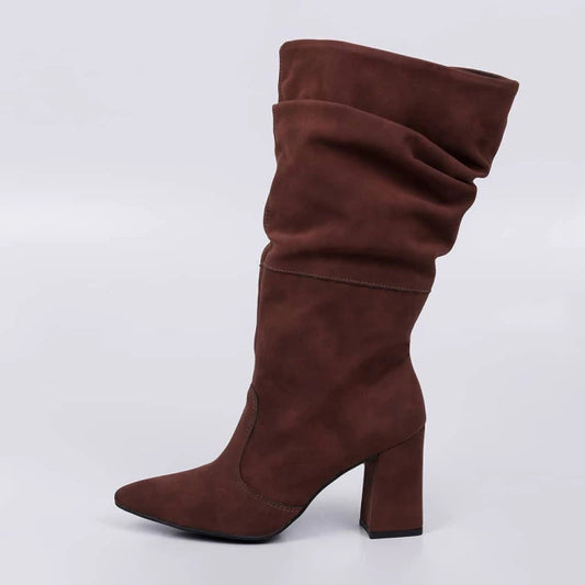 Europa - Bota Feminina de Camurça Salto Bloco Bico Fino Marrom