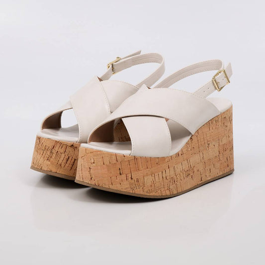 Taina - Sandália Feminina Plataforma Cortiça Tiras Off-white