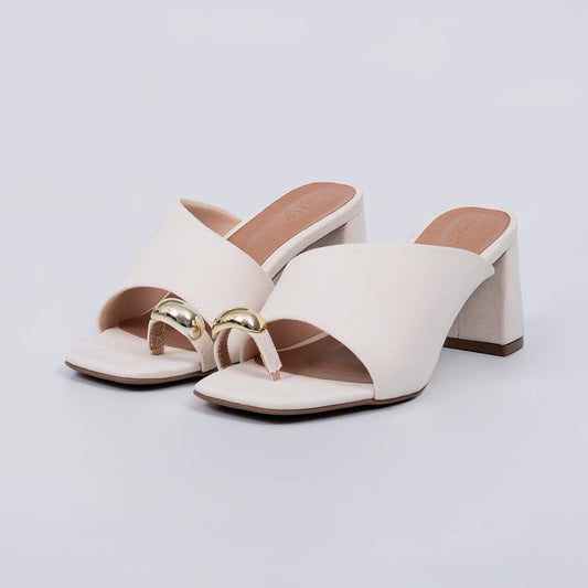 Florença - Tamanco Feminino Salto Bloco Aplicação Dourada Off-white