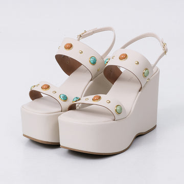 Belize - Sandália Plataforma Anabela Feminina Aplicações Off-white